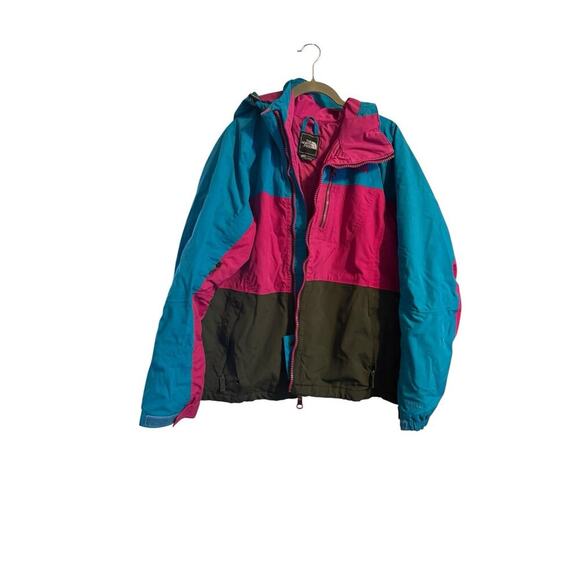 The North Face Women’s XL Colorblock Jacket Blue Pink Black Hooded Windbreaker - Picture 1 of 4